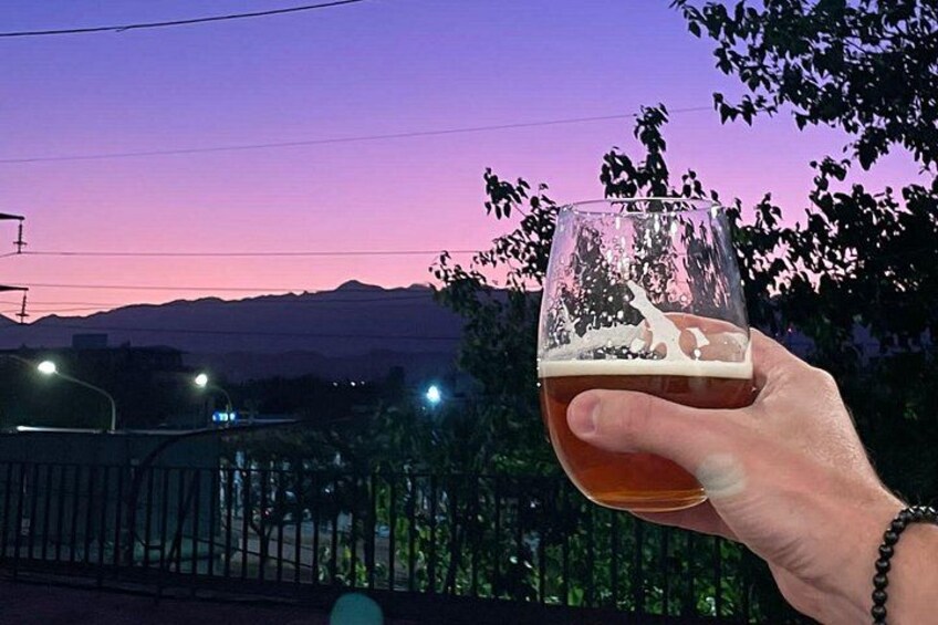 A hand holding a glass of beer with a mountain and sunset in the background. 4