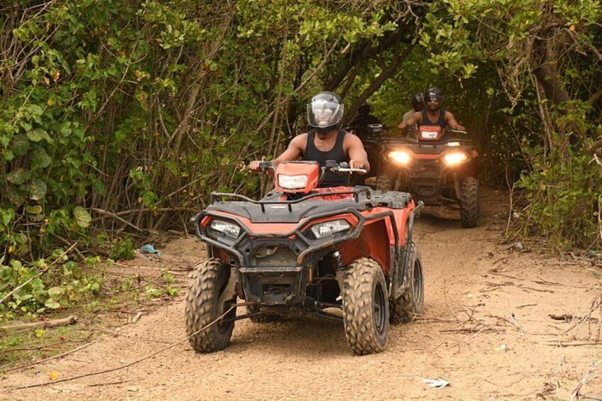 Two off-road vehicles on a dirt path surrounded by dense foliage. 2
