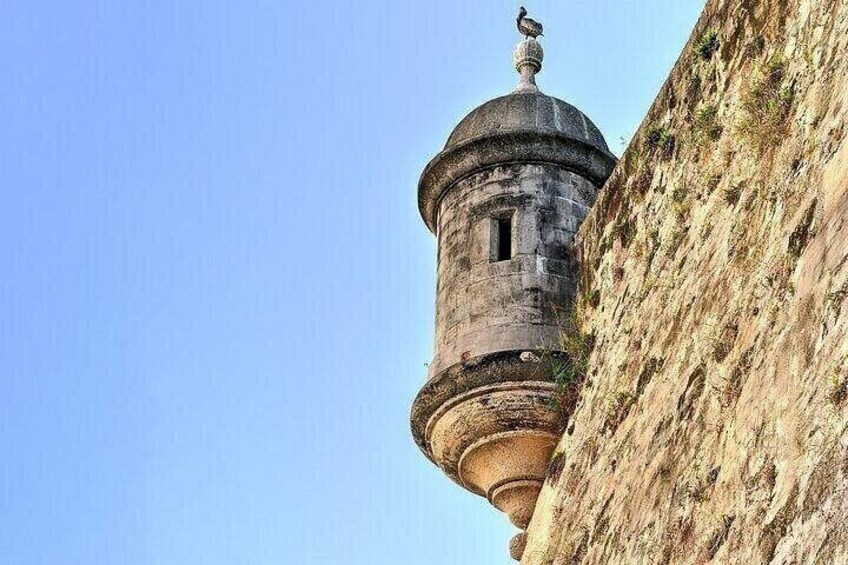 Une tour de pierre surmontée d’un dôme et d’un oiseau perché, le tout se détachant sur un ciel bleu clair. 3