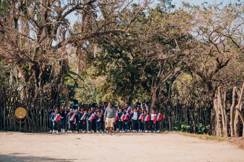 A group of people standing in a line under a canopy of trees. 2