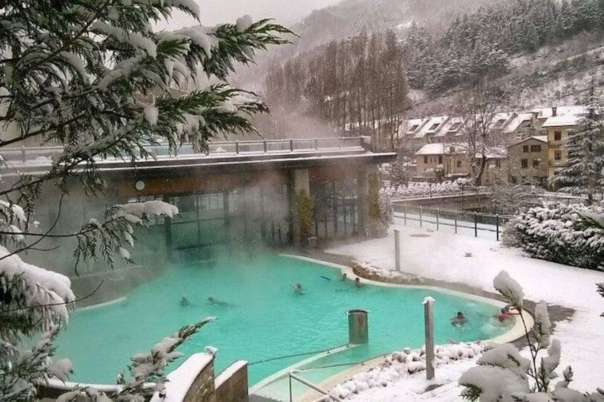 Een turquoise zwembad omringd door met sneeuw bedekte bomen en gebouwen. 4