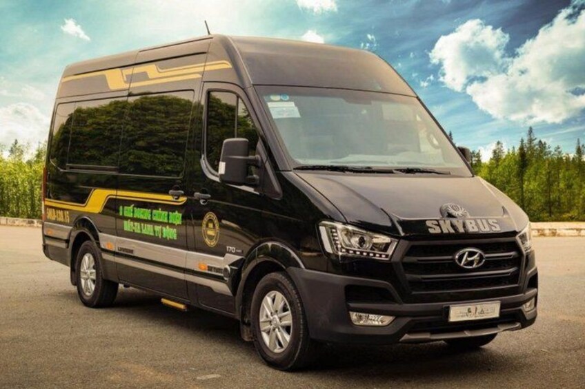 A black Skybus van with yellow and green text on the side, parked on a road with trees and a cloudy sky in the background. 3