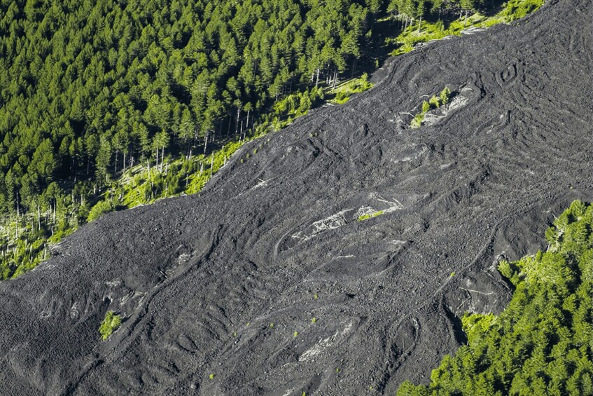 A rugged volcanic landscape with dense green forest on one side and a steep, darkened slope on the other. 2