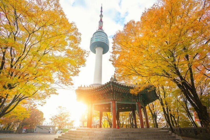Een toren, een pagode en herfstbomen. 5