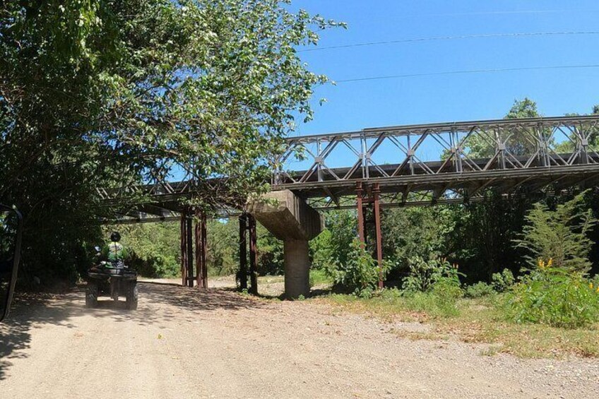 Una strada sterrata sotto un ponte ferroviario, con vegetazione su entrambi i lati. 2