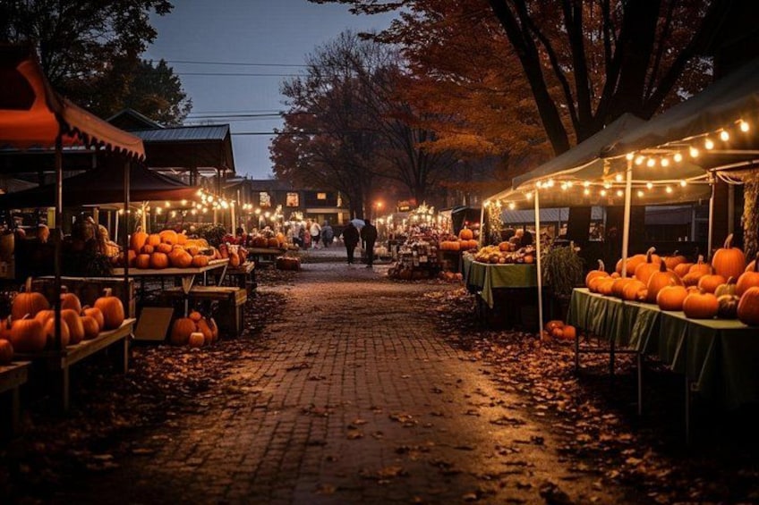 Een avondmarkt buiten, met tafels vol pompoenen en ander vers fruit en groenten. 5