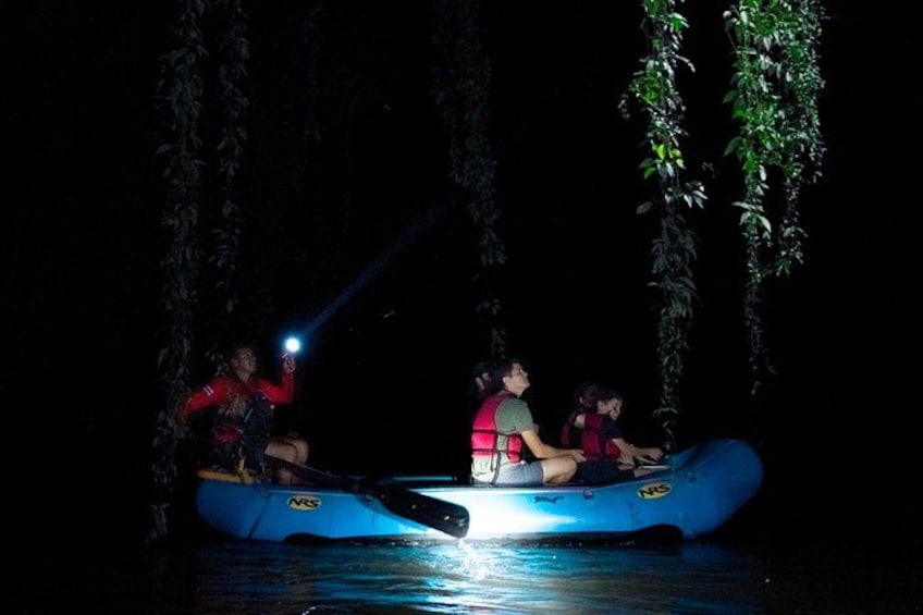 A group of people in a blue boat on a dark river at night, illuminated by a flashlight. 5