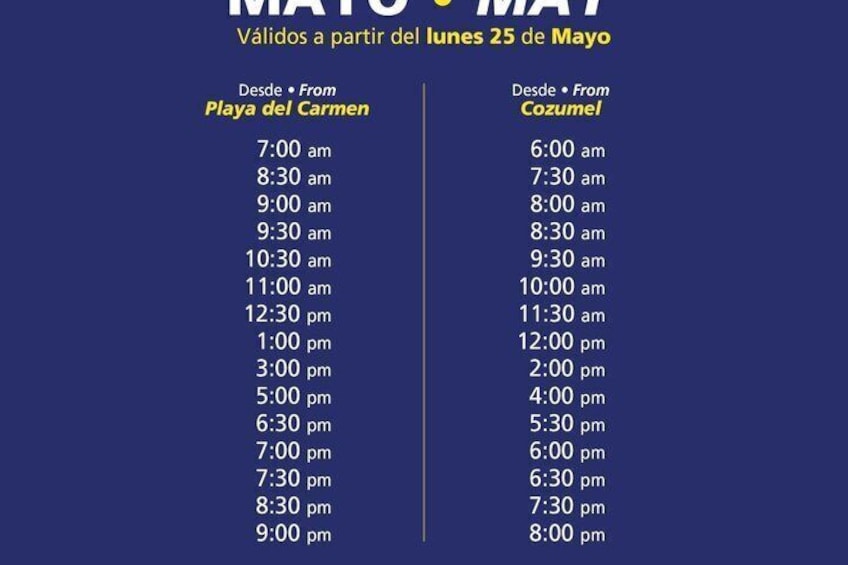 A bus schedule with times listed for Playa del Carmen and Cozumel. 2