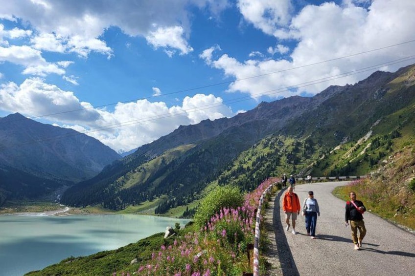 A mountain road with a lake, hikers, and blooming flowers. 5
