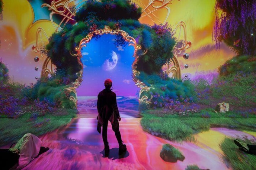 A surreal landscape with a pathway leading to a fantastical archway. 1