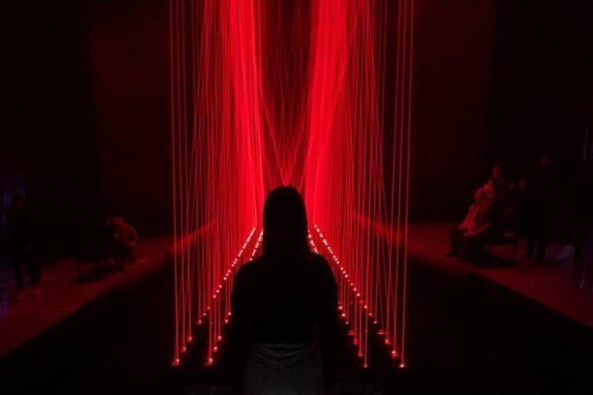 A person standing in front of a red light installation. 3