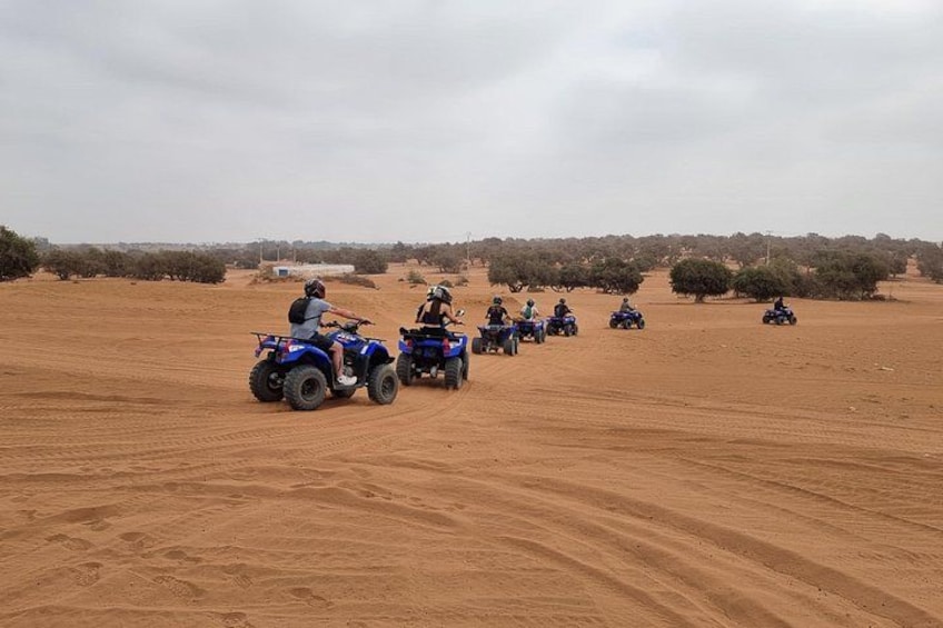 A group of people riding ATVs on a sandy terrain with sparse vegetation. 2