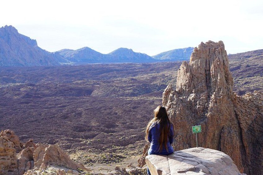 A person sitting on a rock overlooking a vast desert landscape with mountains in the distance. 3