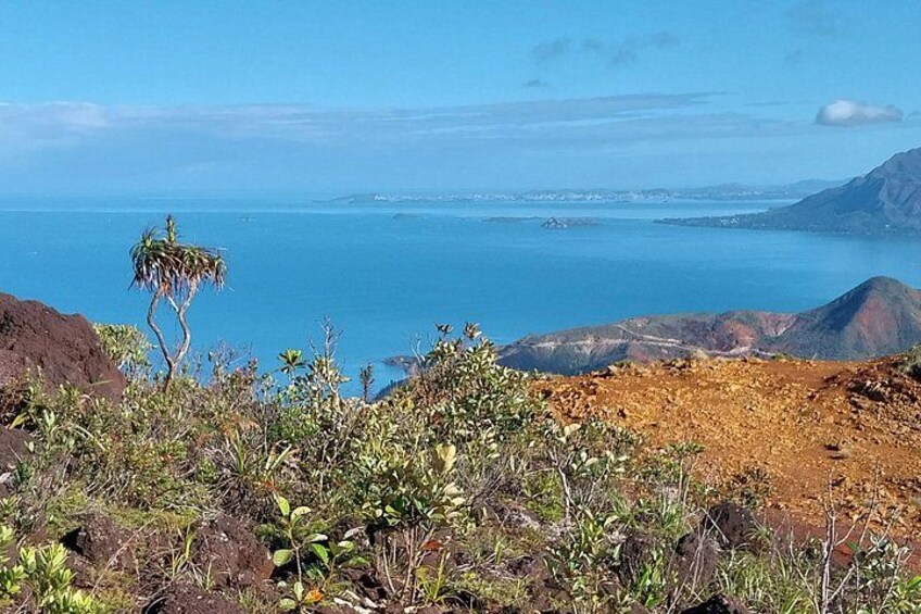 Een kustlandschap met uitzicht op de oceaan, een bergketen en schaarse begroeiing. 3
