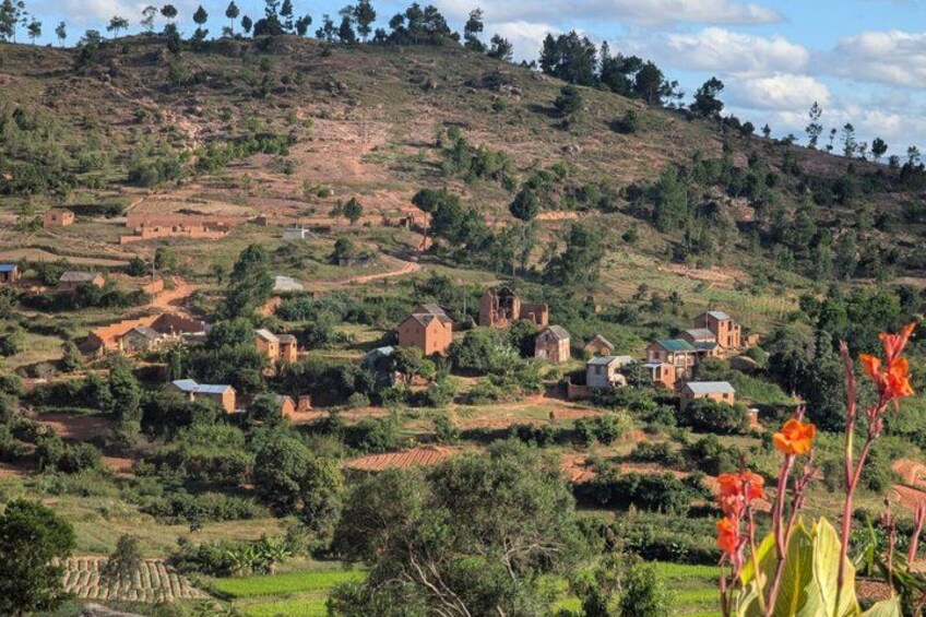 A rural landscape with terraced fields, scattered houses, and a hill in the background. 5