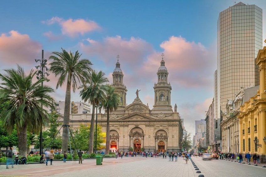A historic church with two towers, palm trees, and modern buildings in the background. 5