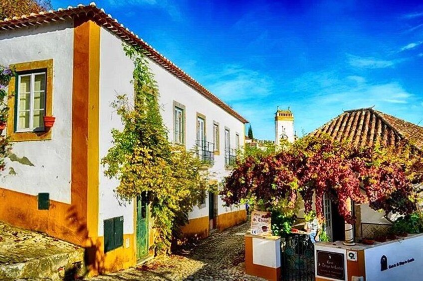 A narrow street with white buildings, a tower, and ivy-covered trees. 5
