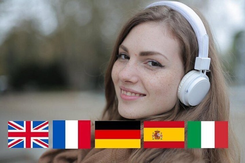 A person wearing headphones with flags of the UK, France, Germany, Spain, and Italy. 1