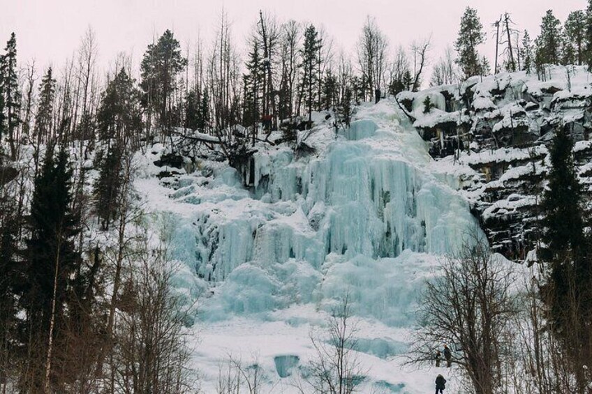 A frozen waterfall surrounded by snow-covered trees. 4