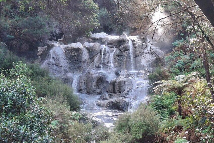A waterfall cascading over rocks surrounded by dense vegetation. 2