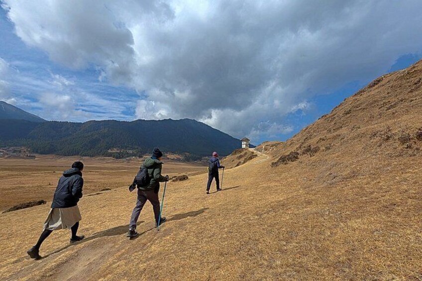 Three people hiking on a dry, grassy trail with mountains in the background. 3