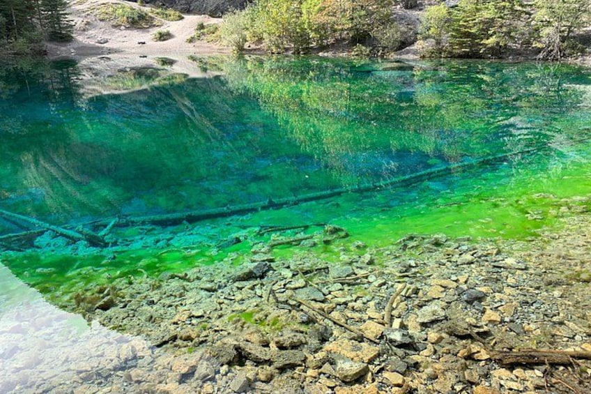 Ein klarer Fluss mit sichtbaren Steinen und einer hölzernen Struktur, die im Wasser liegt. 4