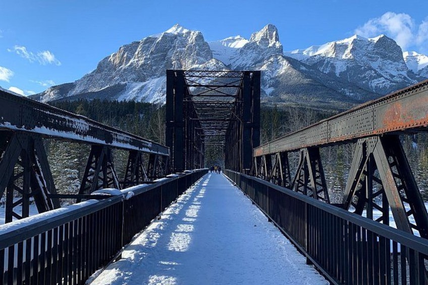 Eine verschneite Eisenbahnbrücke vor einer Berglandschaft. 2