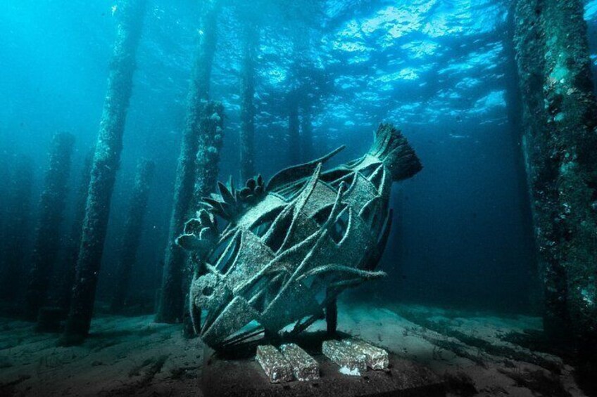 An underwater scene with a large shipwreck surrounded by marine life. 3