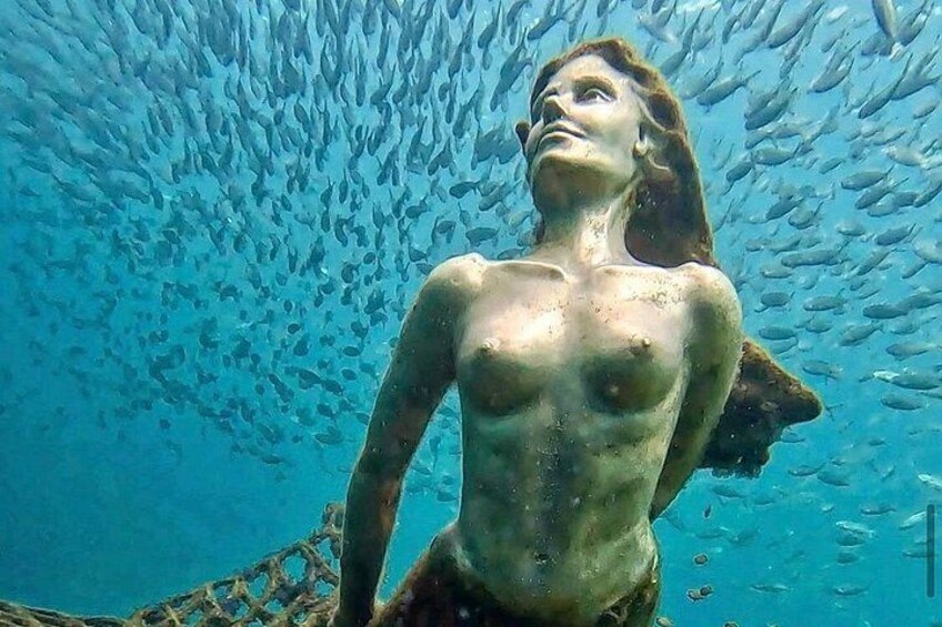 A statue of a woman underwater surrounded by fish. 5