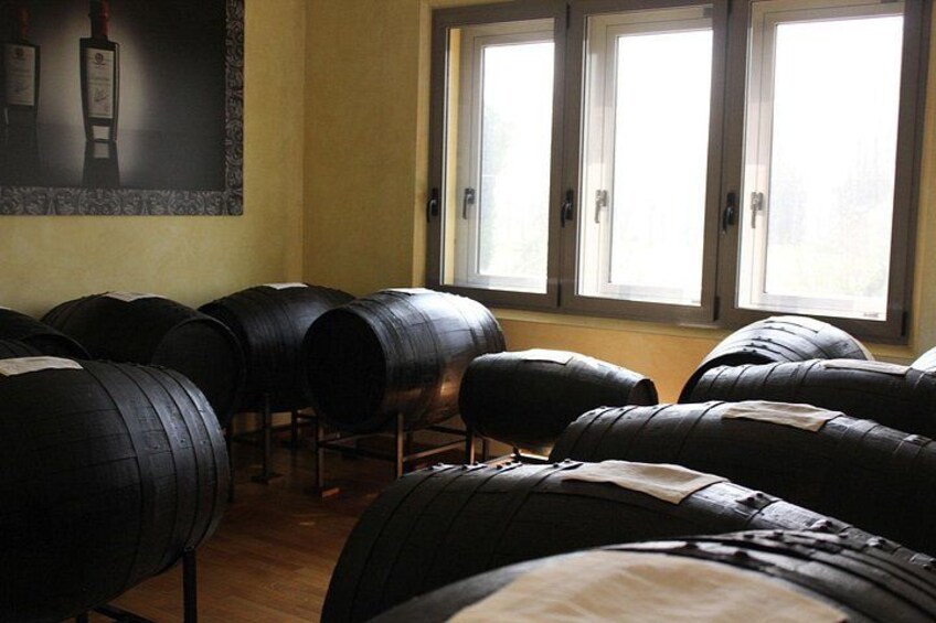 Una stanza con grandi botti nere disposte in file, una finestra con stipiti bianchi e un muro con un quadro incorniciato. 5