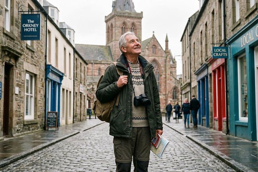 A cobblestone street with historic buildings, a church tower, and signs for The Orkney Hotel and Local Crafts. 1
