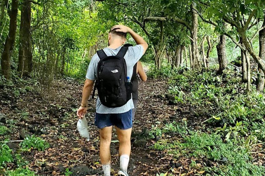 Una persona che fa trekking in una zona boschiva con uno zaino e un sacchetto di plastica. 4