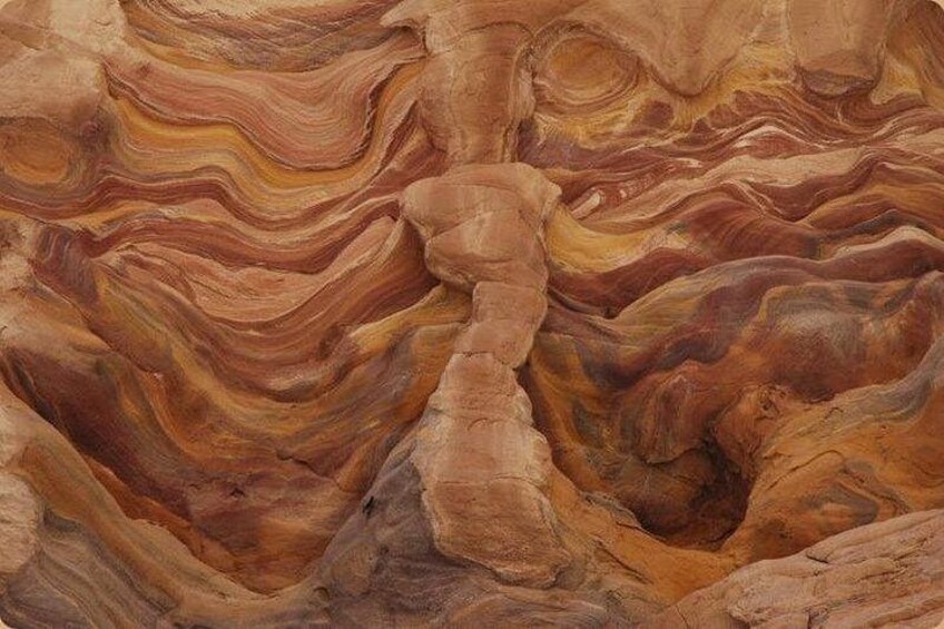 A close-up of a rock formation with layered textures and colors. 3