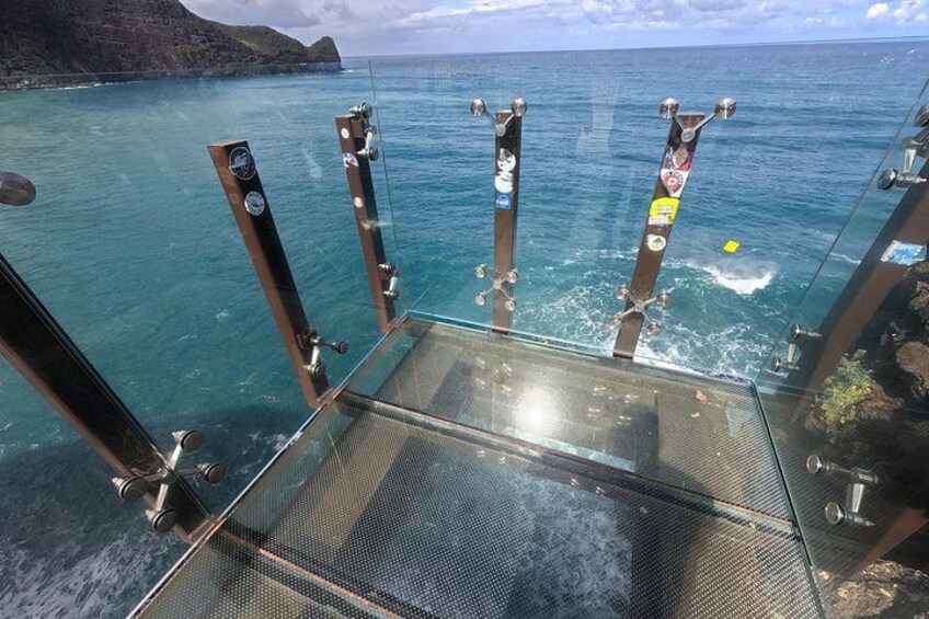 A glass bridge with metal railings overlooking a body of water. 4