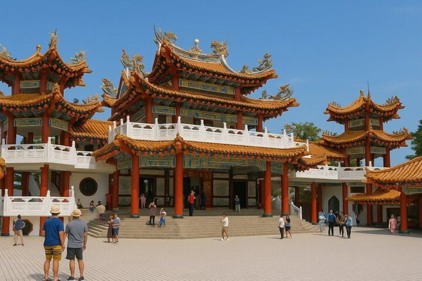 A traditional Chinese temple with ornate architecture, including multiple tiers of roofs and intricate designs. 3