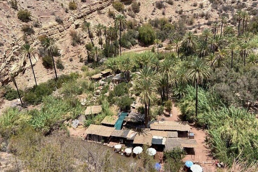 A rural settlement with palm trees, a water channel, and traditional huts. 5