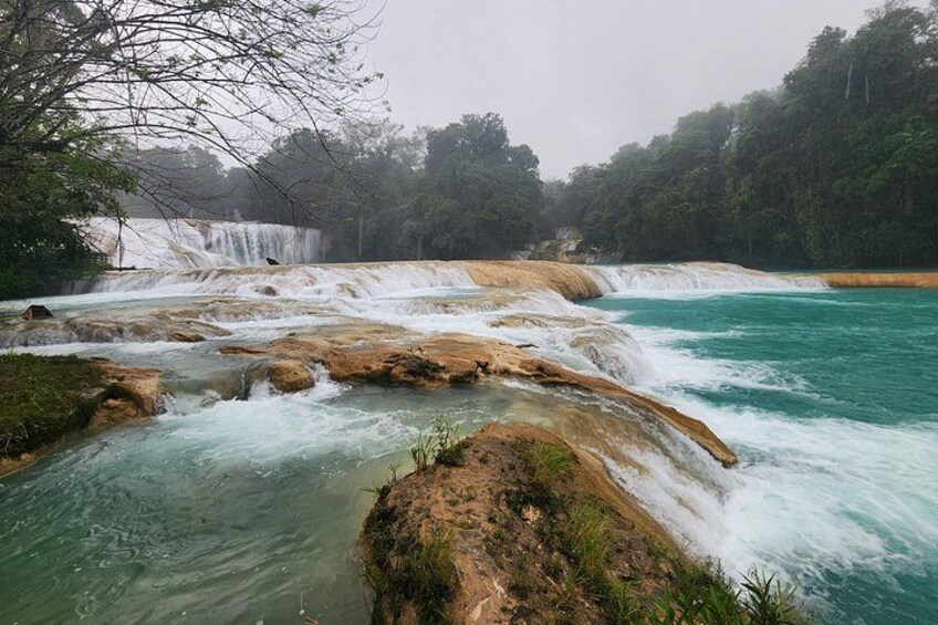 A river with a waterfall, rocky terrain, and dense forest. 3