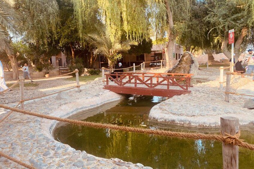 A wooden bridge over a pond, surrounded by trees and a stone pathway. 2