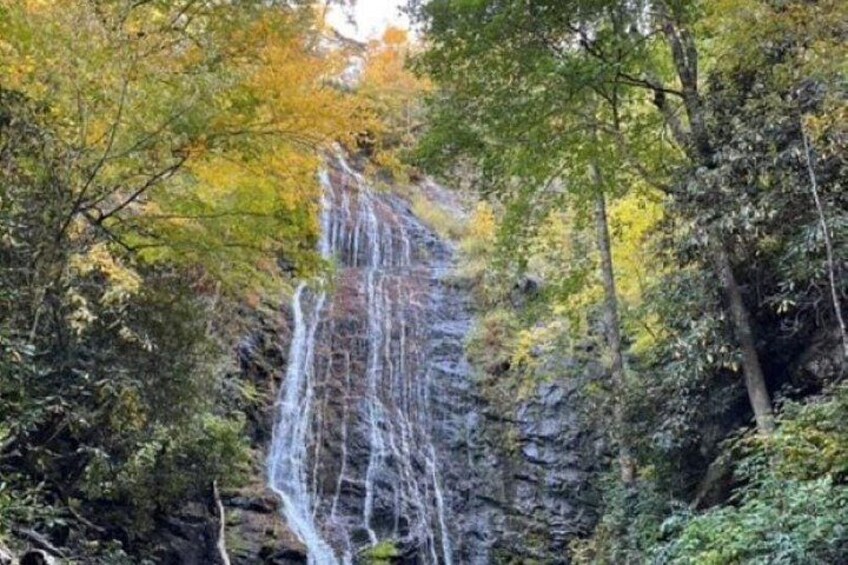 A waterfall cascading down a rocky cliff surrounded by autumn foliage. 2