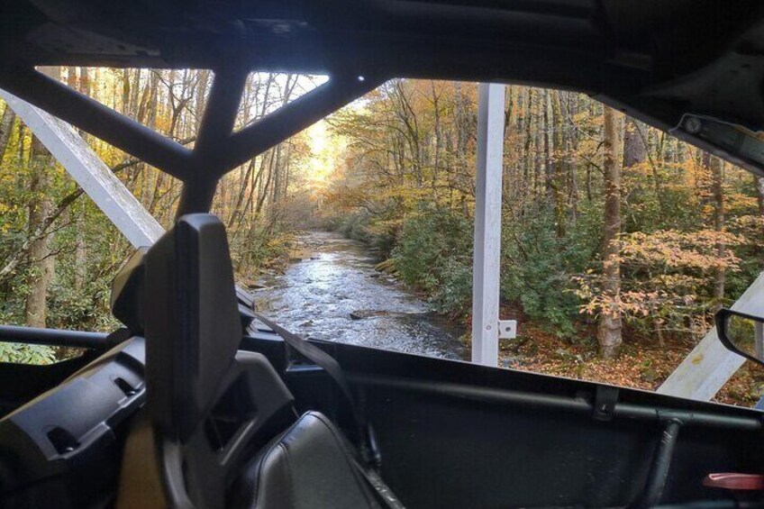 A river flowing through a forested area with a bridge in the background. 5