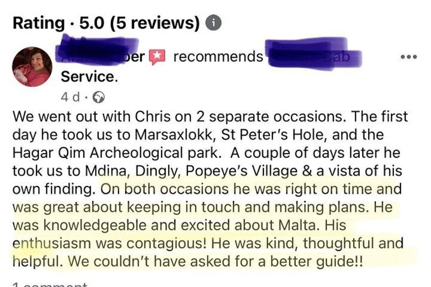 Una recensione di viaggio con un punteggio di 5.0, che menziona una guida di nome Chris e località come Marsaxlokk, St Peter's Hole e Mdina. 5