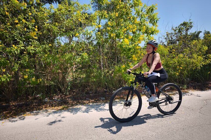 A person riding a bicycle on a paved road with trees and greenery in the background. 2