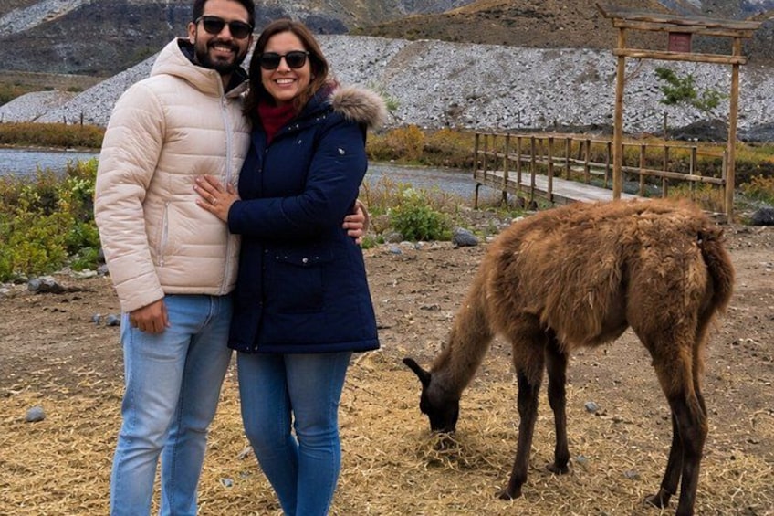 A couple standing with a llama grazing in a dry, rocky landscape with a wooden structure in the background. 2