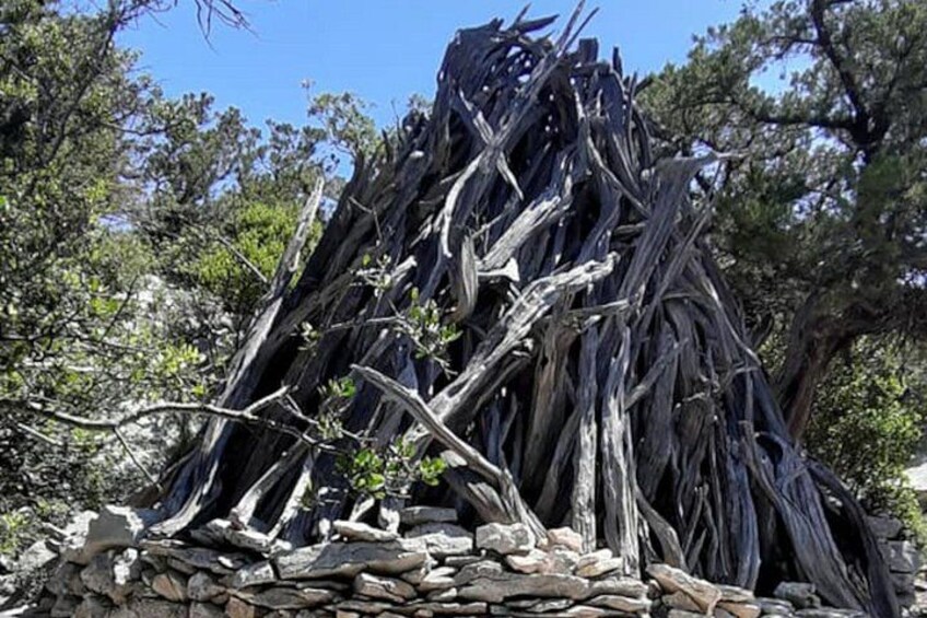 A pile of dry, twisted branches and twigs, possibly from a tree, stacked on a stone base. 1