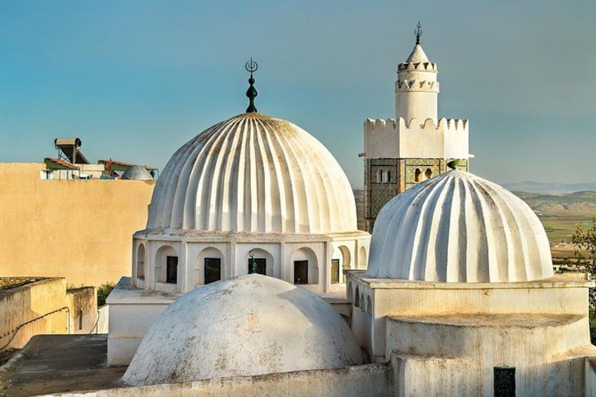 En moské med två stora kupoler och ett minaret. 3