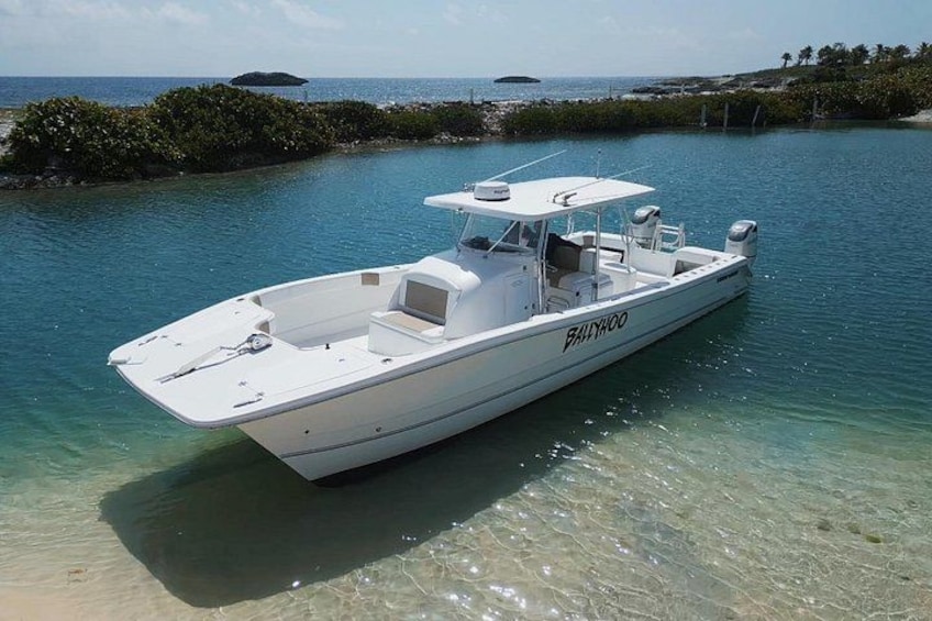 A white boat named 'Palyhoo' docked at a clear, shallow water body with a sandy shore and some vegetation in the background. 2