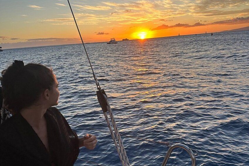 En person som fiskar vid solnedgången, med solen som går ner över havet. 3