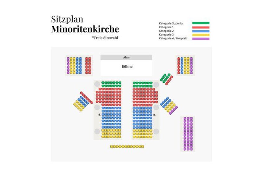 A seating plan with categories and colors for different sections. 2