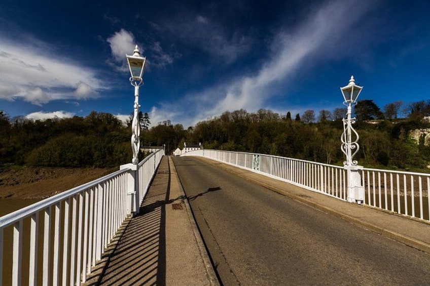A bridge with white railings and street lamps, leading to a forested area. 4