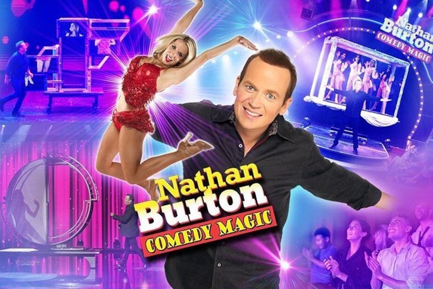 Nathan Burton, a comedian, with a stage and audience in the background. 2
